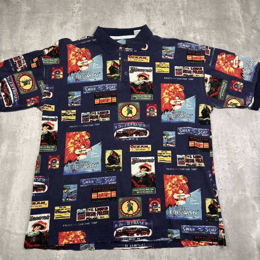 Vtg 90s New River Co All Over Print Polo Shirt Mens Large L Vintage Ads Matchbox